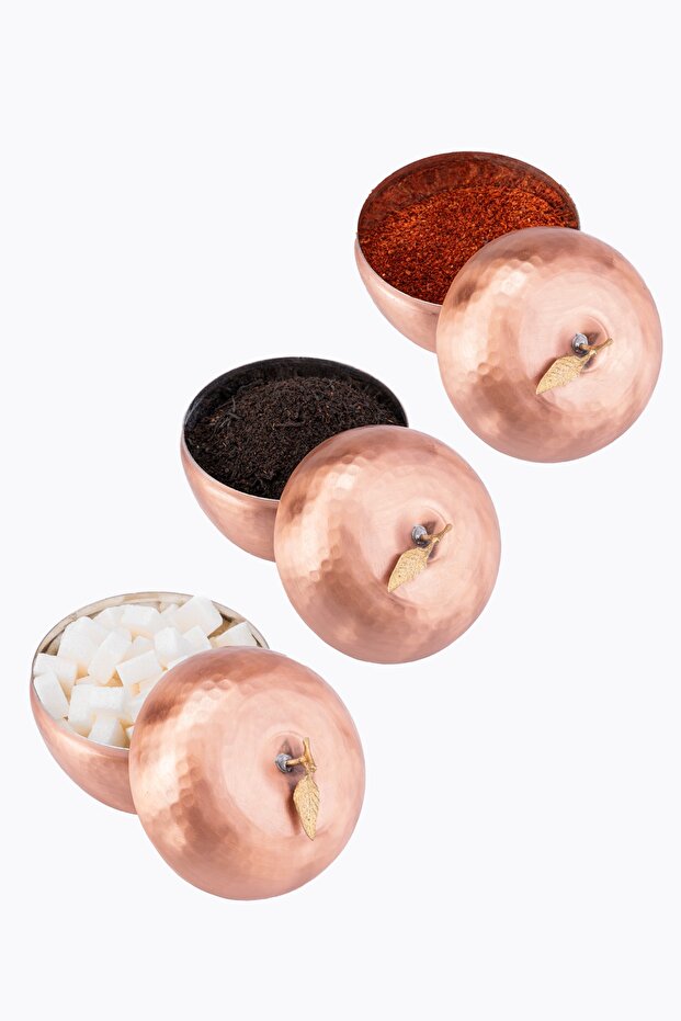Handcrafted Copper Spice Set 3 Pieces Apple Motif Authentic Appearance Hand Forged Leaf Upholstered (diameter 8.5 cm)