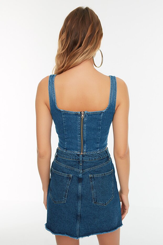 Mavi Dikiş Detaylı Askılı Denim Bluz TWOSS22BZ1402 - 5