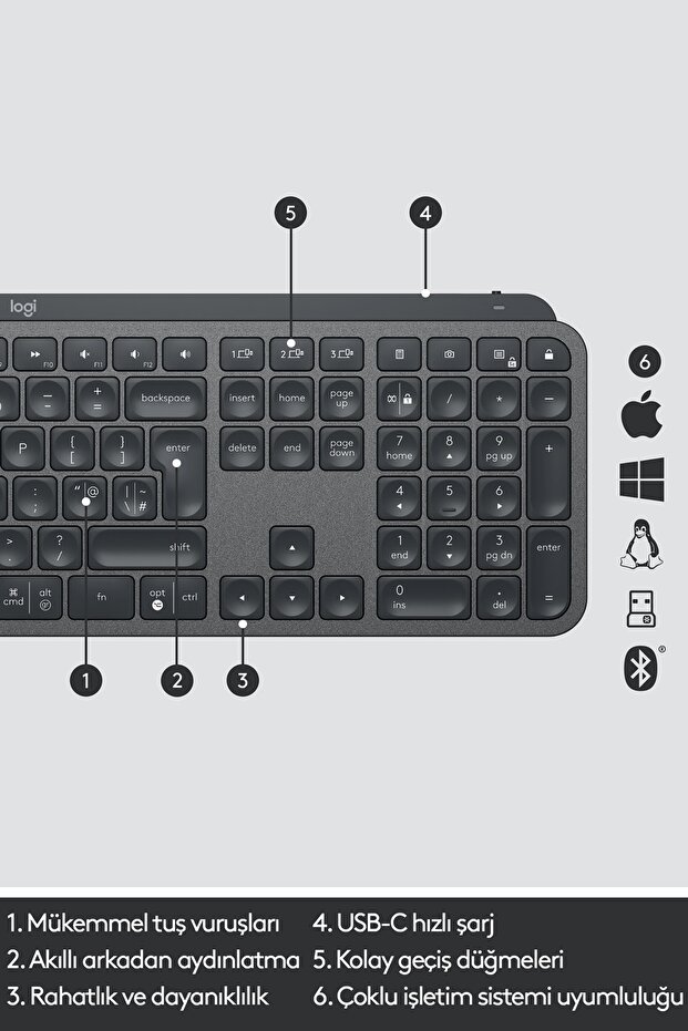 MX Keys Türkçe Klavye Kablosuz Q Siyah Aydınlatmalı Tam Boyutlu 920-010087 - 6