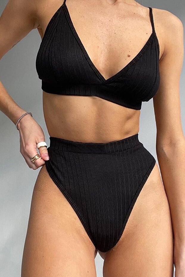 Kadın Siyah Yüksek Bel Dolgusuz Slip Takım - 6