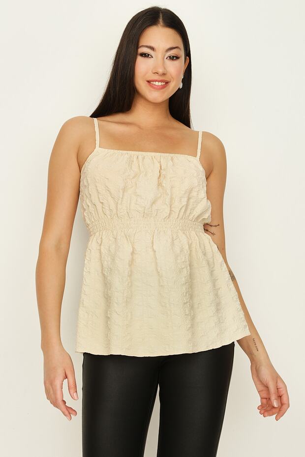 Kadın Krem Askılı Beli Lastikli Bluz - 2