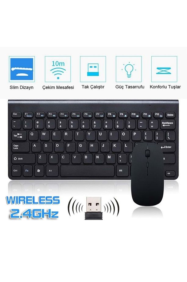 Ingilizce Mini Slim 2.4 Ghz Kablosuz Klavye Mouse Set Klavye - Siyah - 2