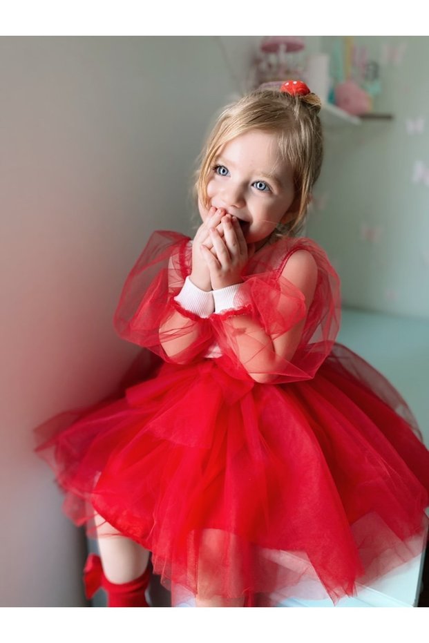 Girl's April 23 Red Tutu Skirt & Balloon Sleeve Ribbed Blouse Set