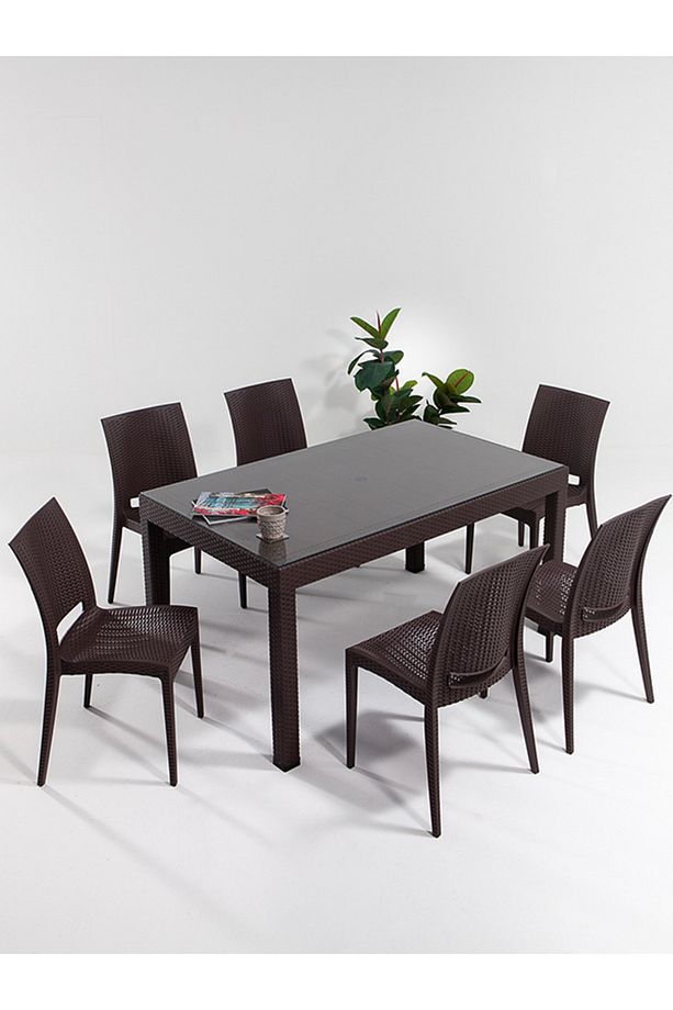 Rattan 6 Kişilik Camlı Masa Takımı - Kahve - 1