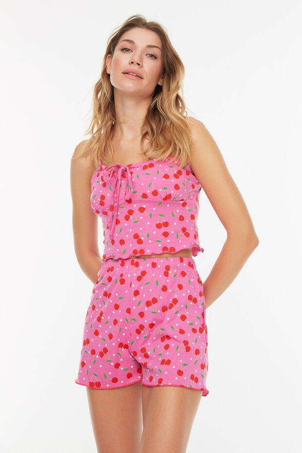 Pembe %100 Pamuklu Kiraz Desenli İp Askılı Şortlu Örme Pijama Takımı THMSS22PT0649 - 5