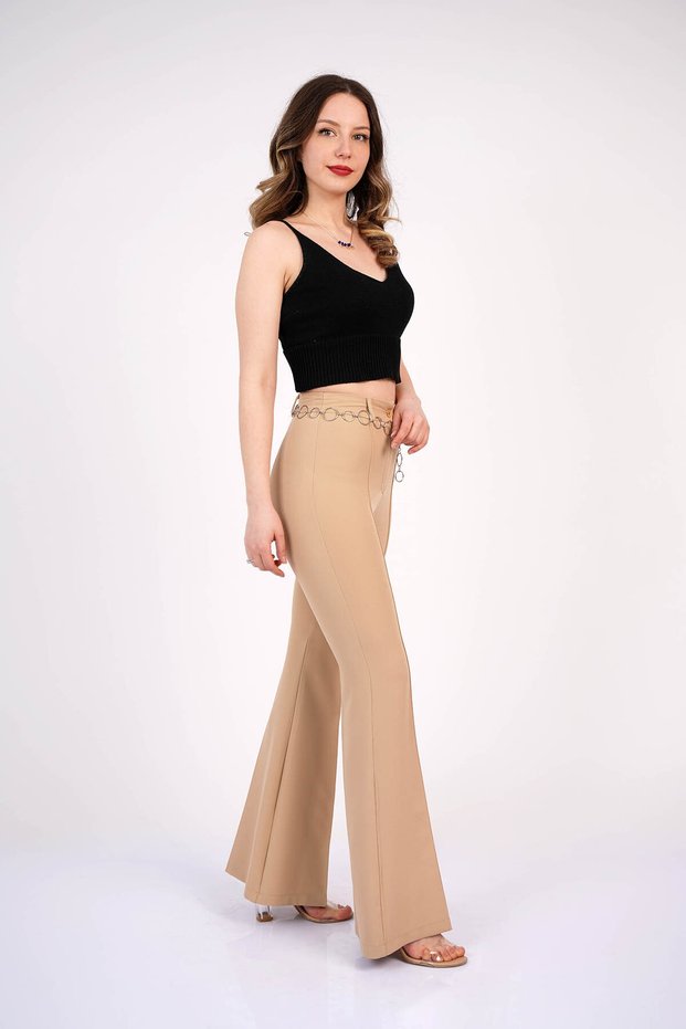 Women's Summer Beige High Waist Chain Accessory Flared Trousers Casual Daily Office Stylish 3876