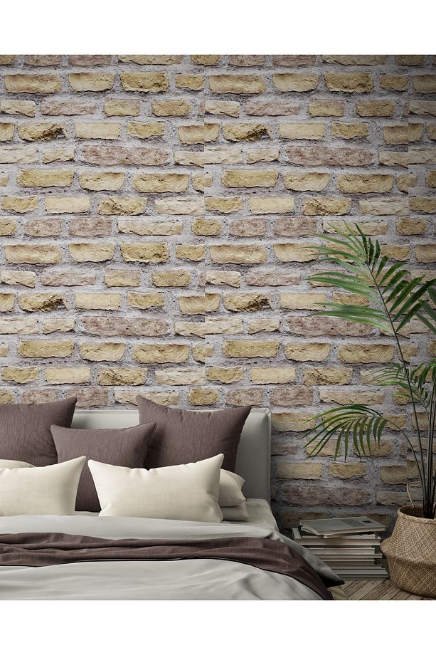 Taş Tuğla Desenli 3 Boyutlu Duvar Kağıdı Krem - 1