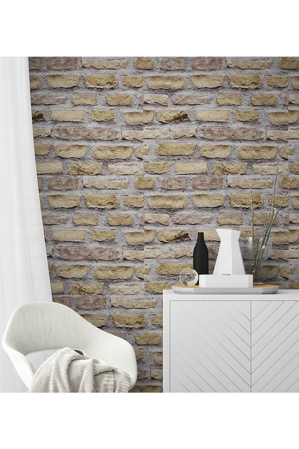 Taş Tuğla Desenli 3 Boyutlu Duvar Kağıdı Krem - 2