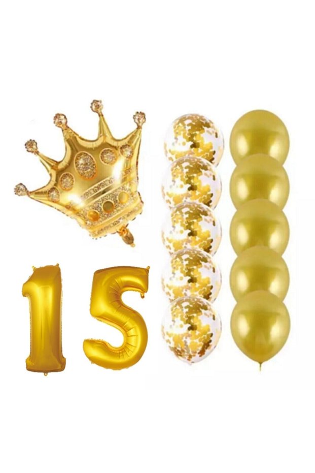 Rönesans 15 Year Old King Crowned Gold Confetti Transparent Balloon Set
