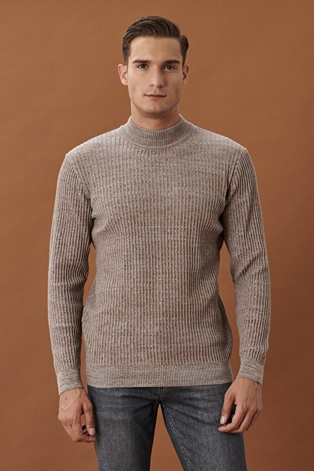 Men's Brown-gray Standard Fit Regular Cut Half Turtleneck Patterned Knitwear Sweater