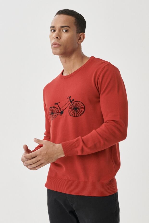 Men's Black-Red Standard Fit Crew Neck Patterned 100% Cotton Knitwear Sweater