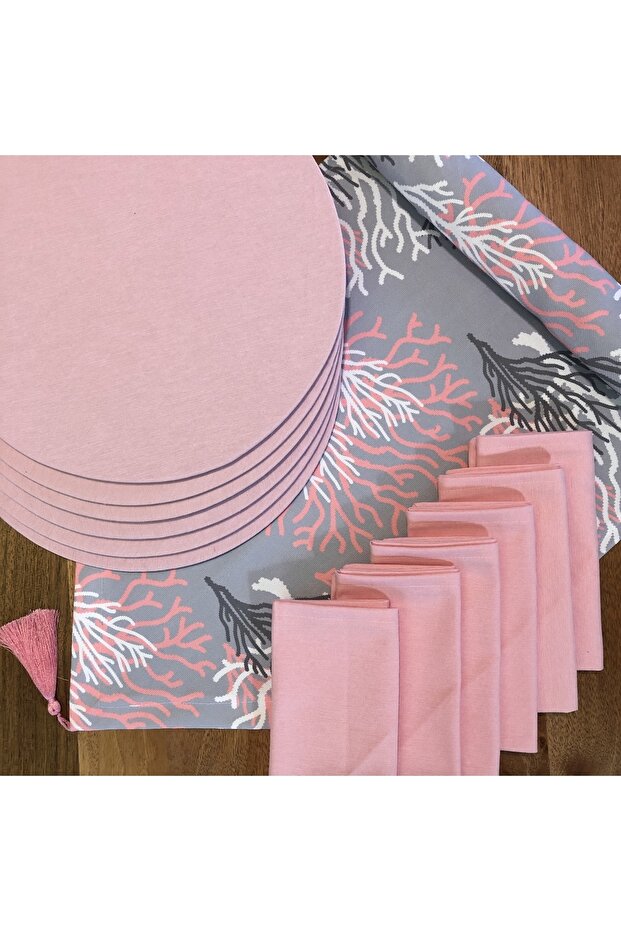 American Serve, Pink Coral 6 Plates, 6 Napkins and Runner