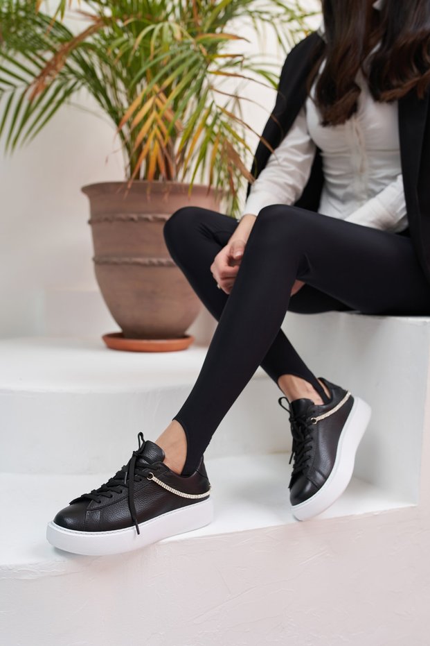 Polinas Women's Black Genuine Leather Stone Detail Sneakers