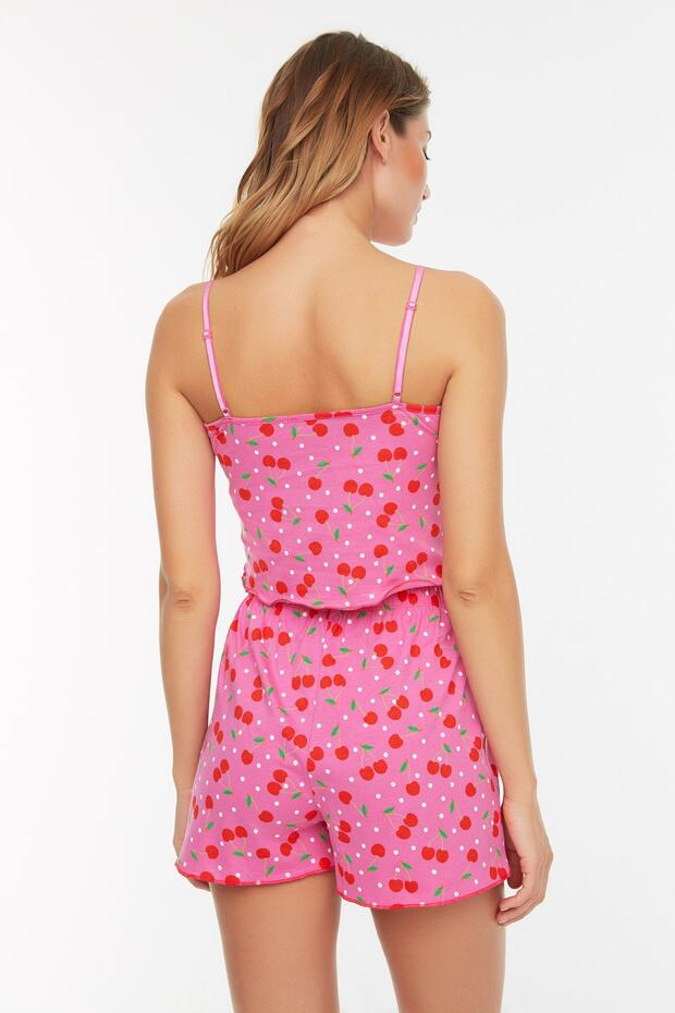 Pembe %100 Pamuklu Kiraz Desenli İp Askılı Şortlu Örme Pijama Takımı THMSS22PT0649 - 7