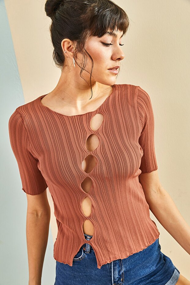 Kadın Yuvarlak Desenli Triko Bluz - 5