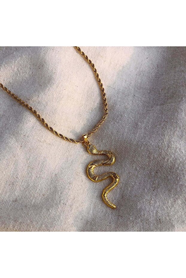 Snake Figured Gold Necklace Long