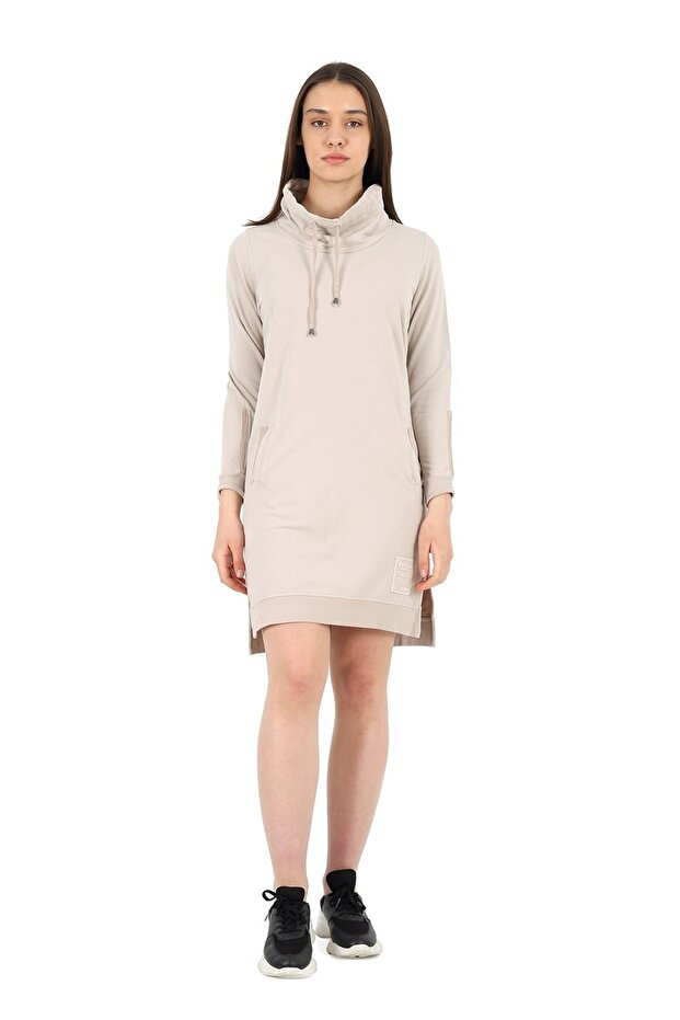 Beige High Collar Long Sleeve Tunic Dress with Pockets / Bmc-001