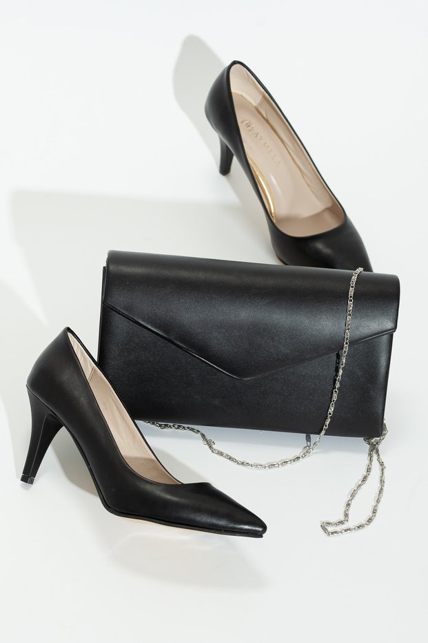 Women's 7cm Heeled Stiletto and Bag Set Black Skin