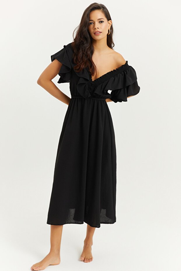 Women's Black Front Back V Flounce Dress KS113