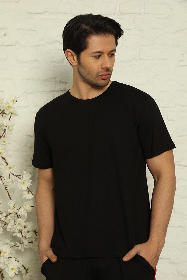 Siyah-lacivert Erkek Basic Slim Fit 2'li Paket Pijama Üstü - 2