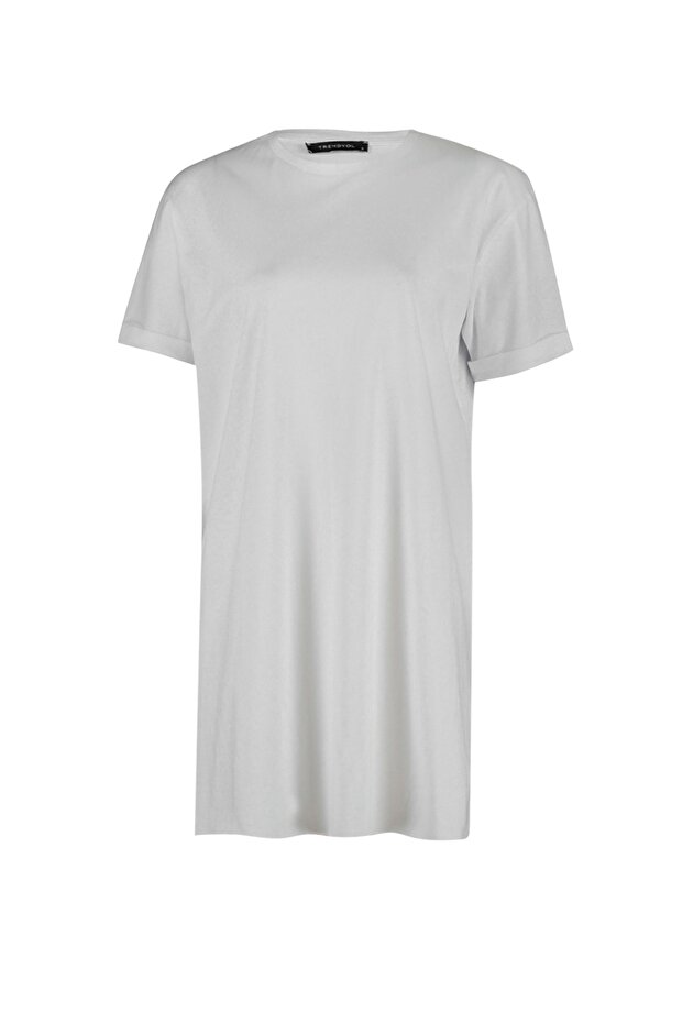 Lacivert-Beyaz 2'li Paket Yırtmaç Detaylı Bisiklet Yaka Basic Örme T-Shirt TCTSS21UK0009 - 11
