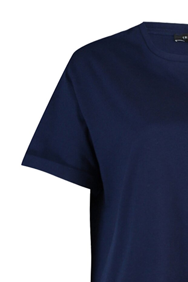 Lacivert-Beyaz 2'li Paket Yırtmaç Detaylı Bisiklet Yaka Basic Örme T-Shirt TCTSS21UK0009 - 14