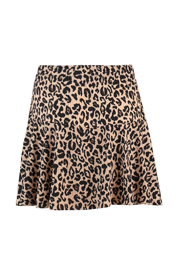 Camel Leopar Desenli Etek Görünümlü Yüksek Bel Mini Örme Şort TWOSS21SR0621 - 6