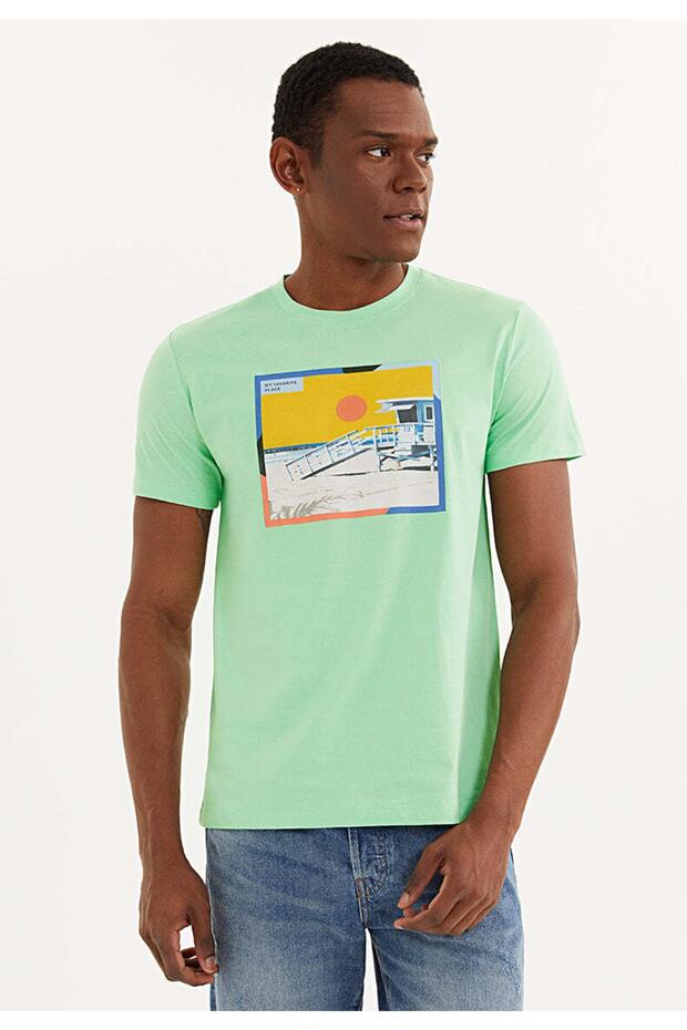100% Organic Cotton Green Crew Neck-printed T-shirt