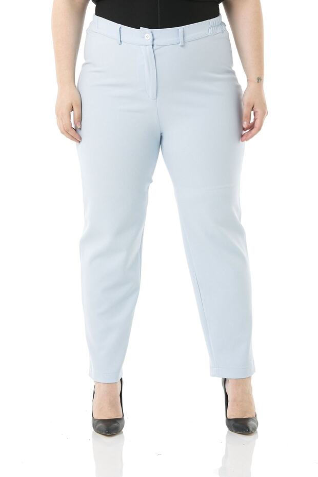 Plus Size Baby Blue Trousers with Elastic Waist and Side Zipper and Slits on the Leg