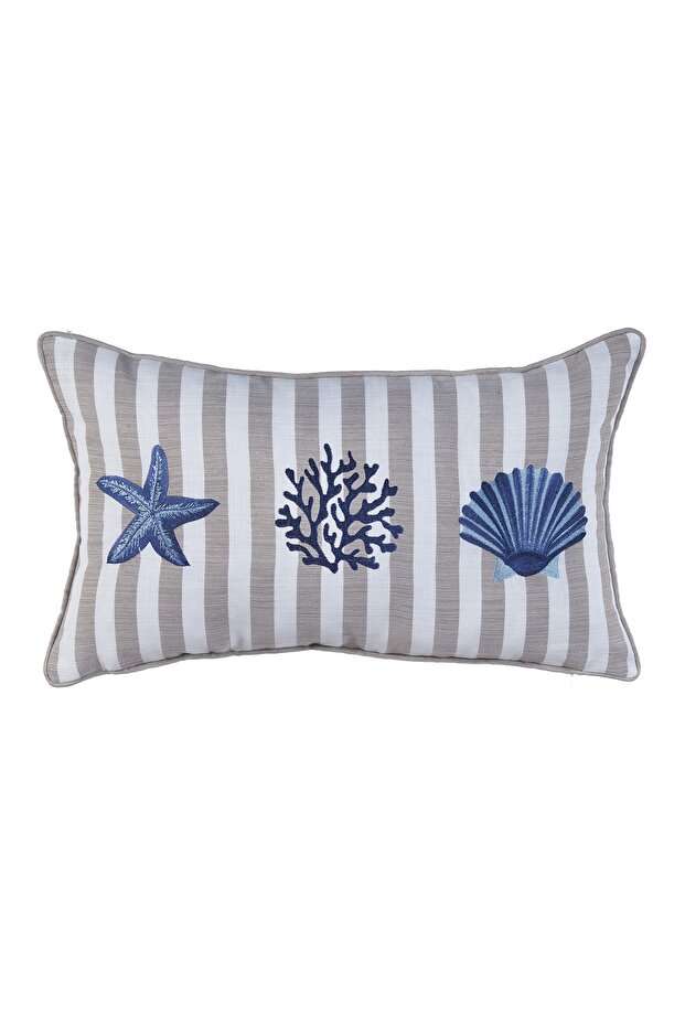 Embroidered Throw Pillow Cover with Piping Star - Coral - Mussel ( Ecru X Beige Striped / Navy Blue Embroidery )