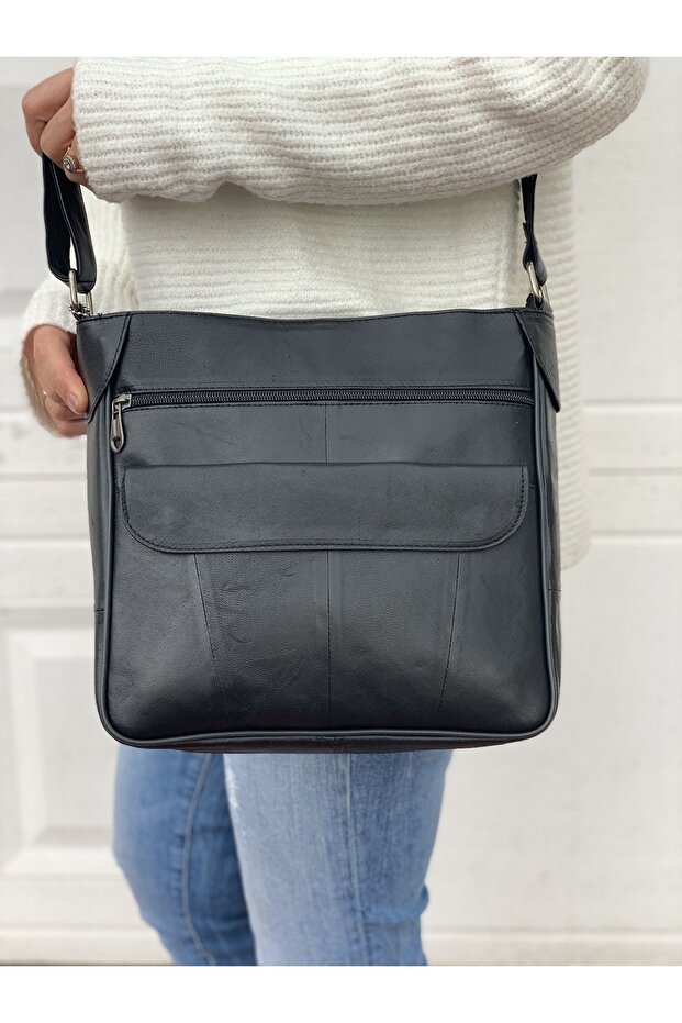 Genuine Leather Large Size Crossbody Shoulder Bag Black