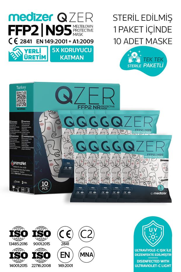 Qzer 10 Adet One Line Art Desenli N95 Maske 5 Katmanlı - 4