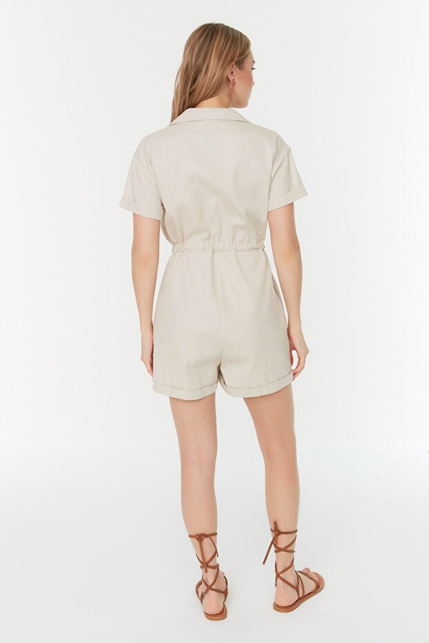 Taş Bağlama Detaylı Gabardin Süper Mini Dokuma Tulum TWOSS22TU00007 - 7