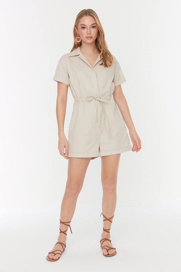 Taş Bağlama Detaylı Gabardin Süper Mini Dokuma Tulum TWOSS22TU00007 - 9