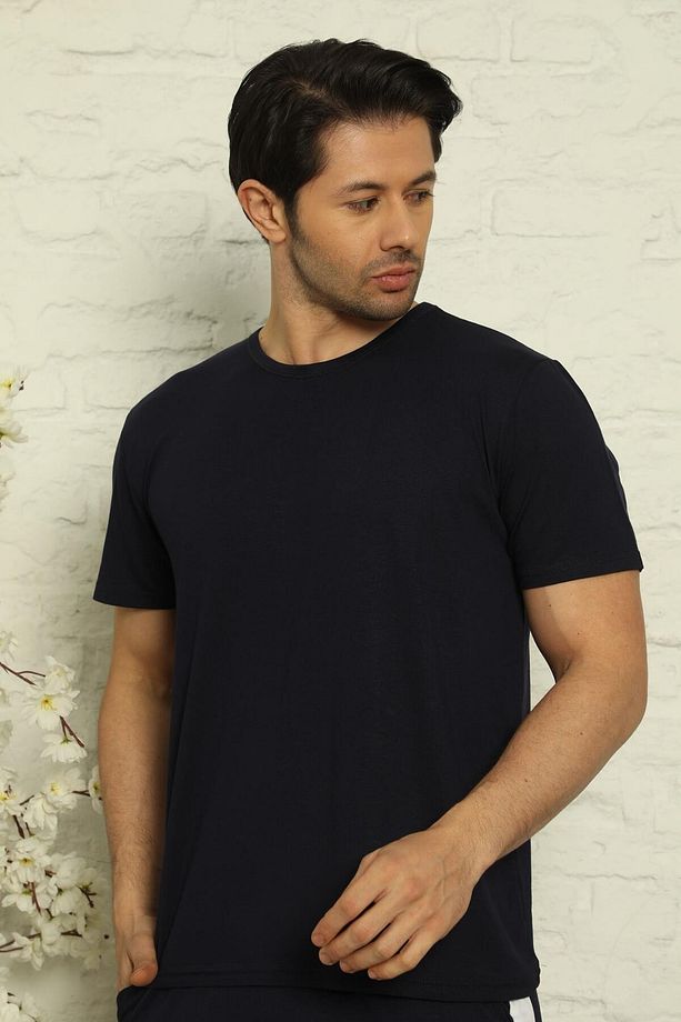 Lacivert Erkek Basic Slim Bisiklet Yaka Kısa Kollu Pijama Üstü - 1