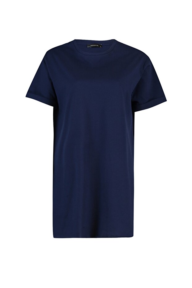 Lacivert-Beyaz 2'li Paket Yırtmaç Detaylı Bisiklet Yaka Basic Örme T-Shirt TCTSS21UK0009 - 13