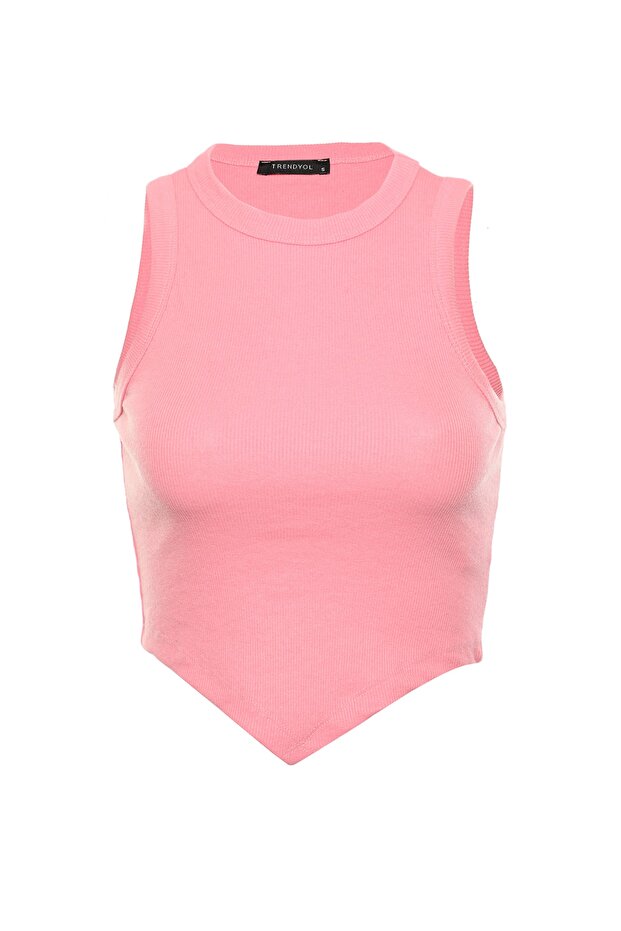 Pembe Asimetrik Super Crop Fitilli Esnek Örme Atlet TWOSS22AL0065 - 7