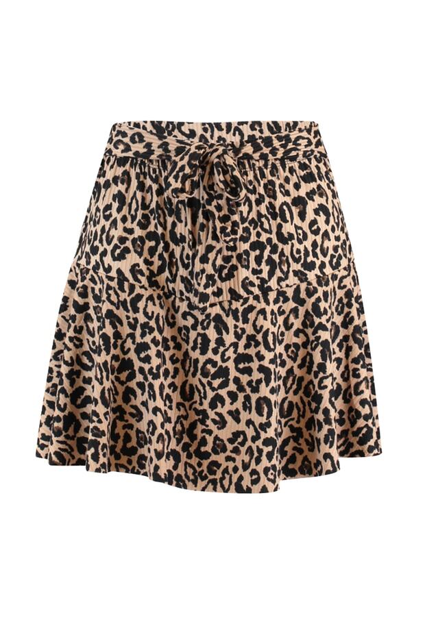 Camel Leopar Desenli Etek Görünümlü Yüksek Bel Mini Örme Şort TWOSS21SR0621 - 7