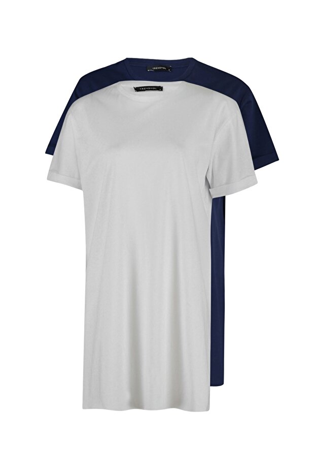 Lacivert-Beyaz 2'li Paket Yırtmaç Detaylı Bisiklet Yaka Basic Örme T-Shirt TCTSS21UK0009 - 10