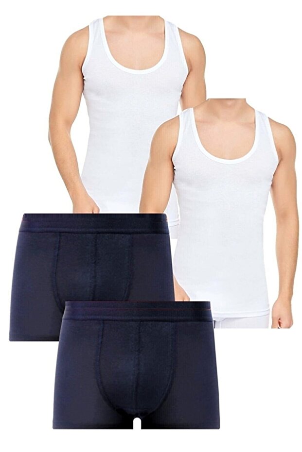 Economy Pack of 4 100% Cotton Classic Strappy Undershirt 2 Pieces and Boxer 2 Pieces