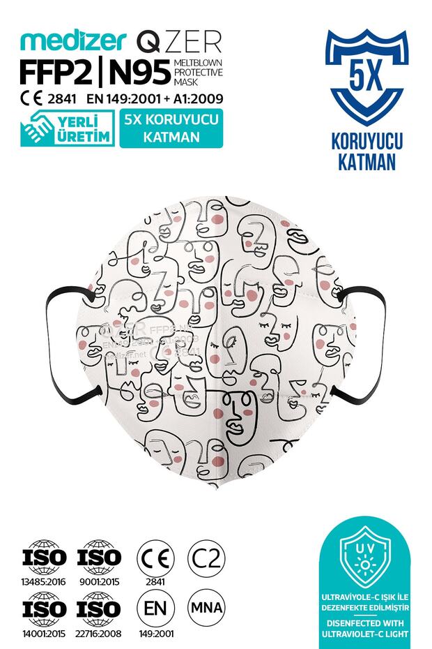 Qzer 10 Adet One Line Art Desenli N95 Maske 5 Katmanlı - 2