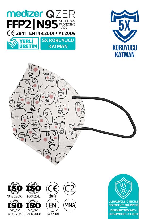 Qzer 10 Adet One Line Art Desenli N95 Maske 5 Katmanlı - 3