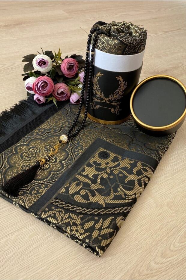 Dowry Gift Boxed Black Prayer Rug Set Luxury Taffeta Prayer Rug