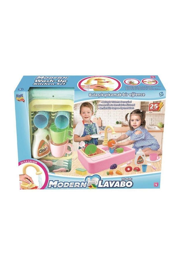 Modern Mutfak Çeşmeli Lavabo Set Mutfak Oyuncak Seti Pembe - 2