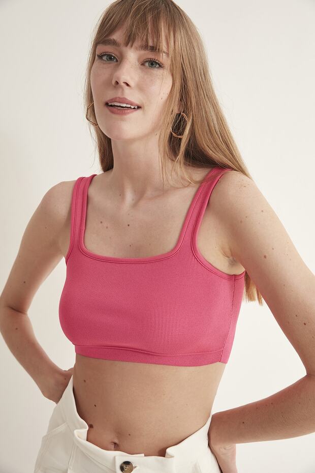 Kadın Pembe Askılı Triko Top - 4