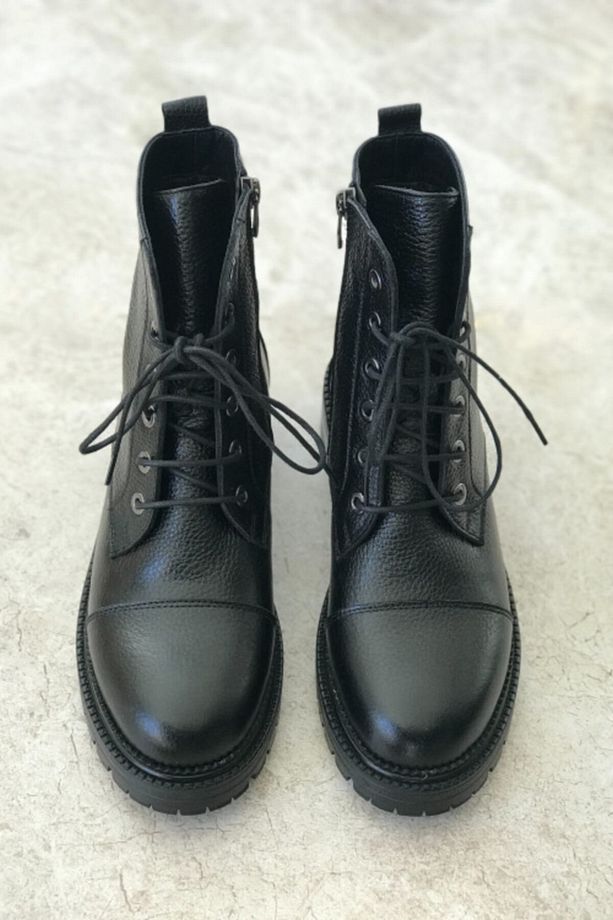 Kadın Siyah Hakiki Deri Bağcıklı Bot & Bootie - 3