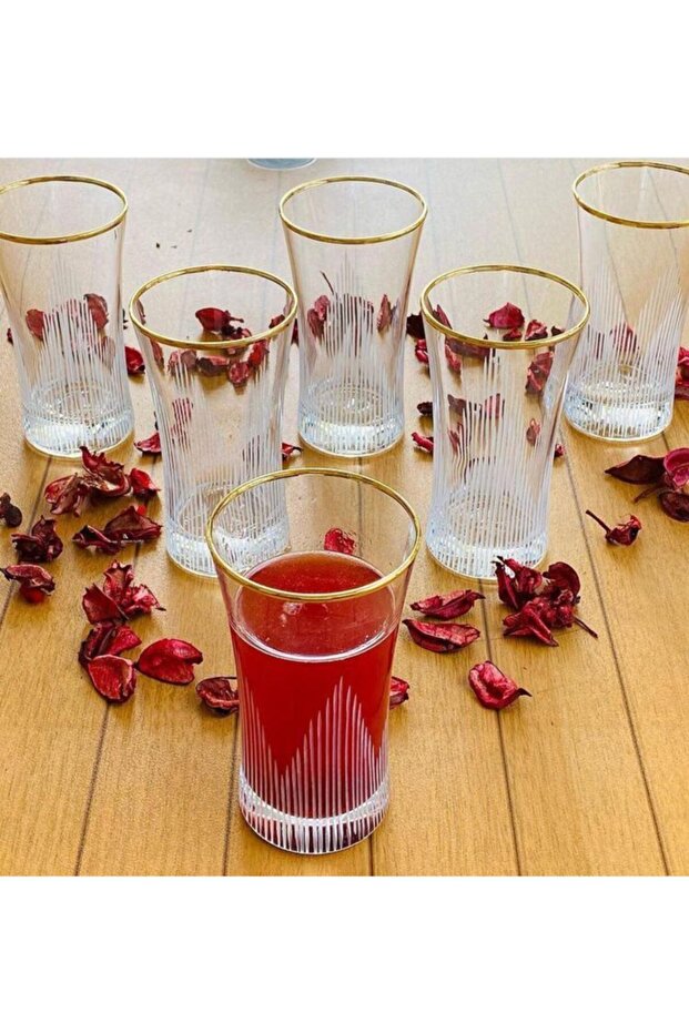 Azur Eiffel Hand Decorated Striped Gold Gilded Water and Soft Drink Glass for 6 People 12 Pieces