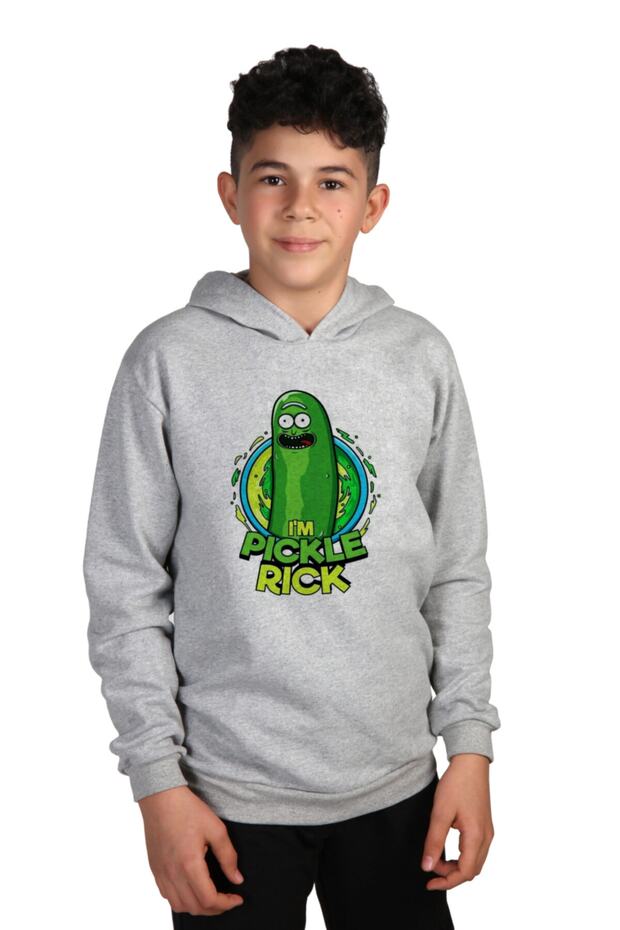 سويت شيرت مضلع بغطاء للرأس من ماركة Pickle Rick رقميًا للأولاد باللون الرمادي