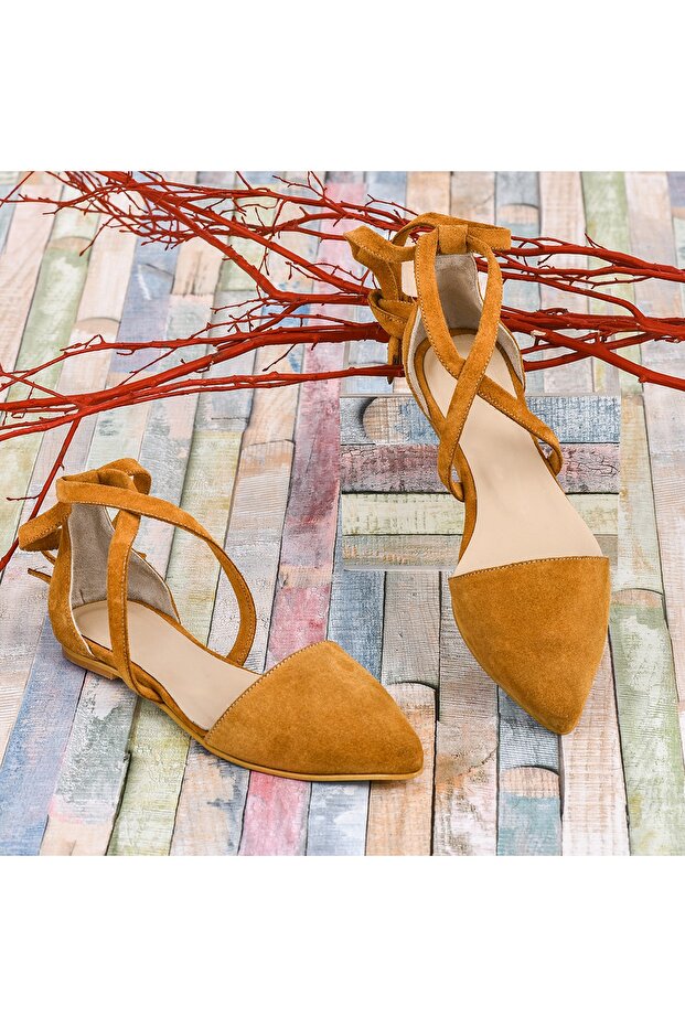 Genuine Leather Ankle Strap Women's Tan Suede Sandals-Ballerinas