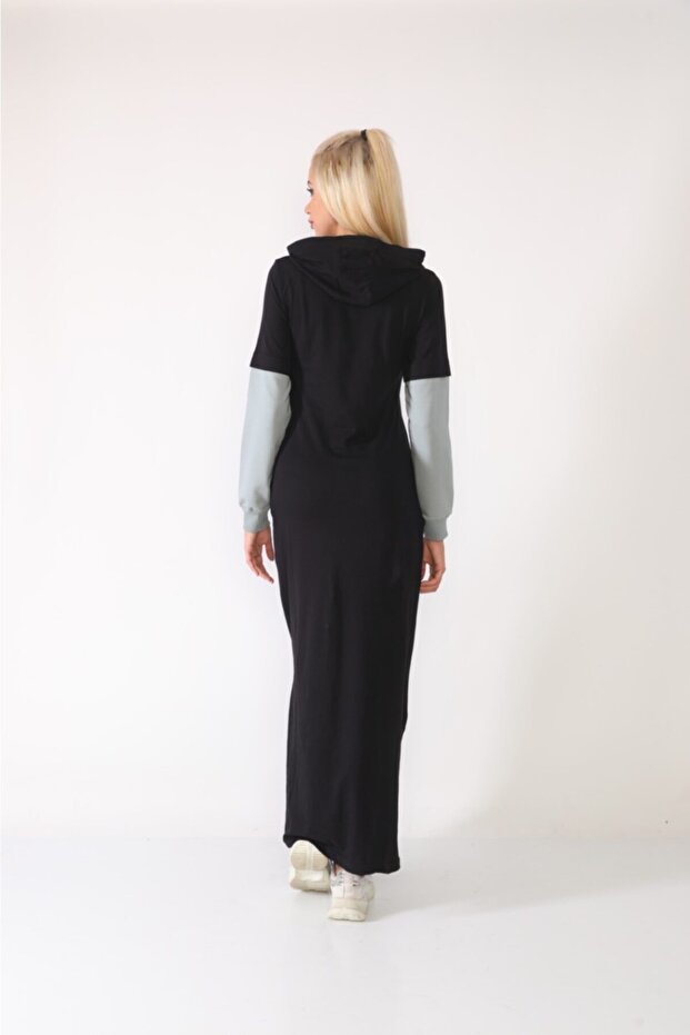 Bayan Kapüşonlu Kol Garnili Elbise - 6